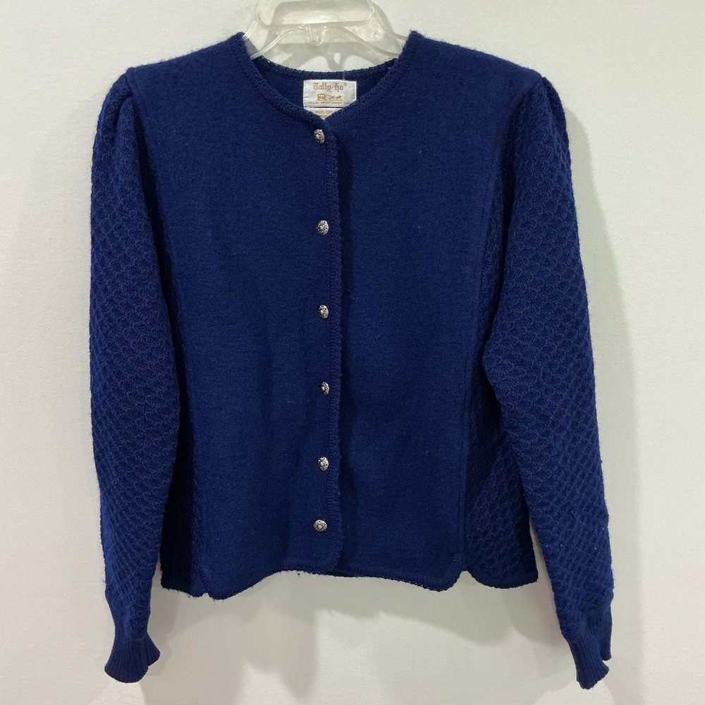 Tally-Ho Textured Wool Cardigan Blue Sweater Medium Preppy Equestrian